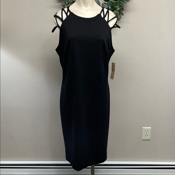 NWT Hope & Harlow Black Sheath Dress Shoulder Criss Cross Strappy Detail 12 - Picture 1 of 16